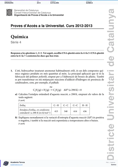 Vista previa de Examen PAU de Química de Cataluña 2013 – Ordinaria