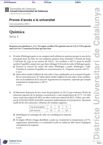 Vista previa de Examen PAU de Química de Cataluña 2014 – Extraordinaria