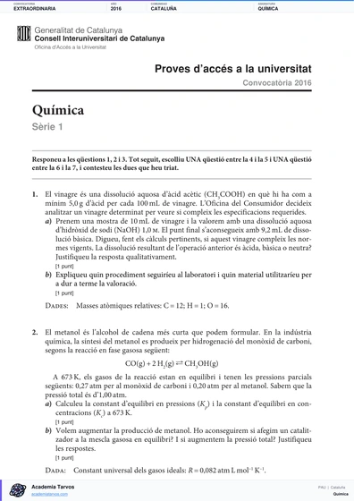 Vista previa de Examen PAU de Química de Cataluña 2016 – Extraordinaria