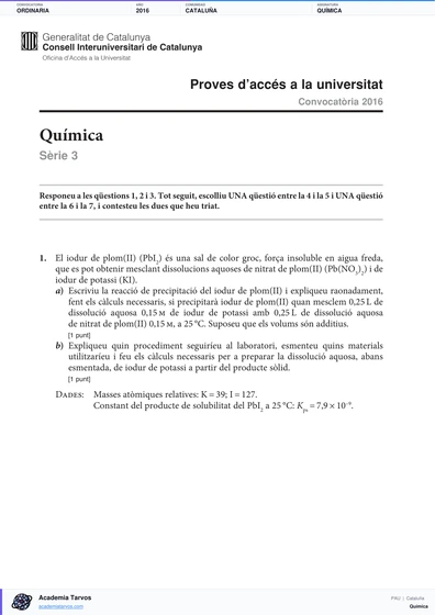Vista previa de Examen PAU de Química de Cataluña 2016 – Ordinaria