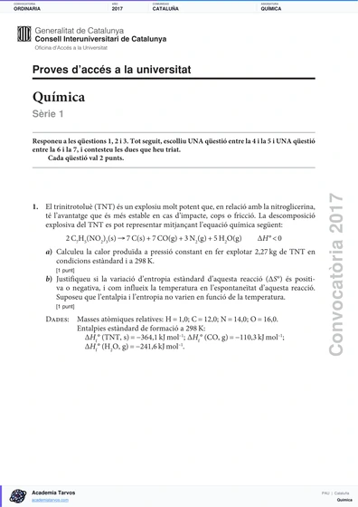 Vista previa de Examen PAU de Química de Cataluña 2017 – Ordinaria
