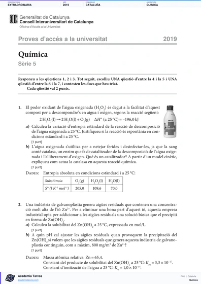 Vista previa de Examen PAU de Química de Cataluña 2019 – Extraordinaria