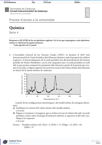 Vista previa de Examen PAU de Química de Cataluña 2020 – Extraordinaria