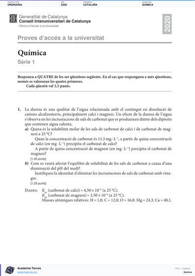 Vista previa de Examen PAU de Química de Cataluña 2020 – Ordinaria
