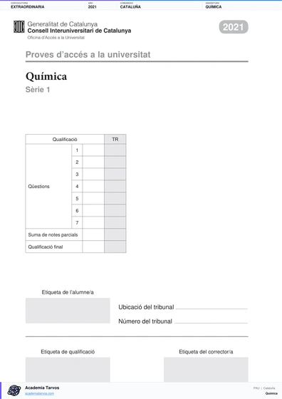 Vista previa de Examen PAU de Química de Cataluña 2021 – Extraordinaria