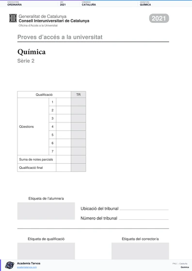 Vista previa de Examen PAU de Química de Cataluña 2021 – Ordinaria