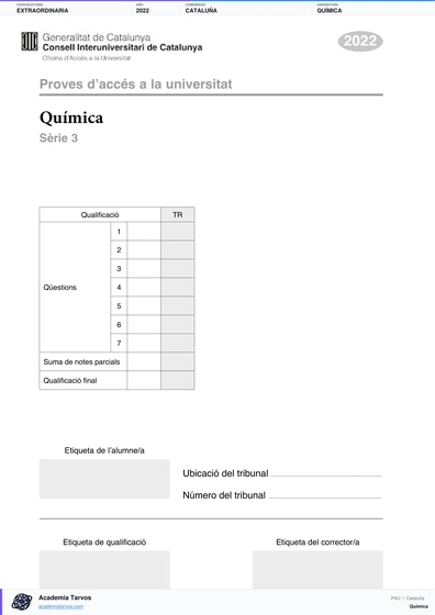 Vista previa de Examen PAU de Química de Cataluña 2022 – Extraordinaria