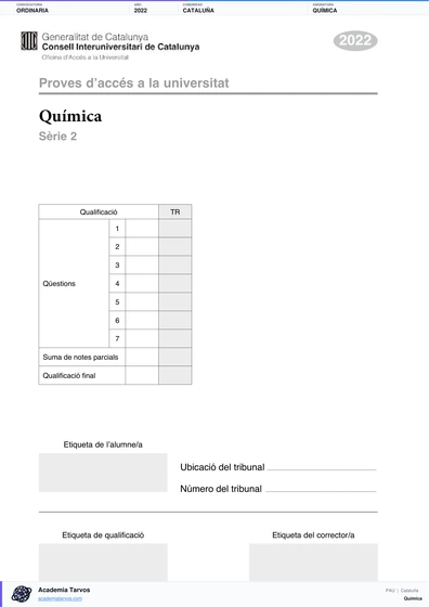 Vista previa de Examen PAU de Química de Cataluña 2022 – Ordinaria