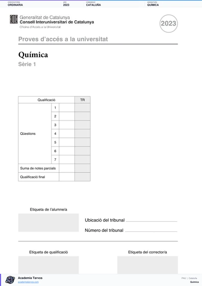 Vista previa de Examen PAU de Química de Cataluña 2023 – Ordinaria