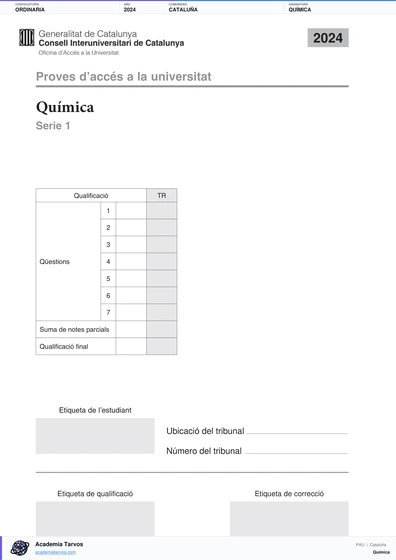 Vista previa de Examen PAU de Química de Cataluña 2024 – Ordinaria