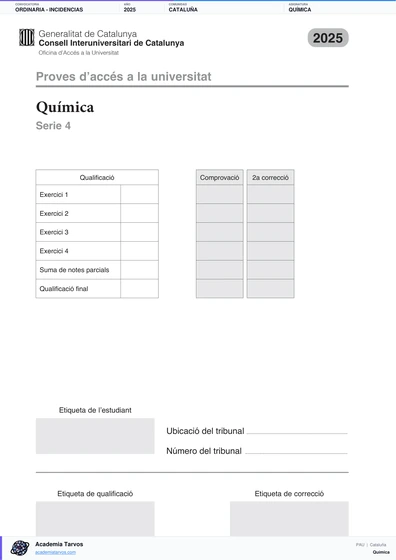 Vista previa de Examen PAU de Química de Cataluña 2025 – Ordinaria   Incidencias