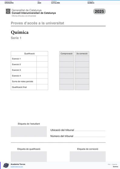 Vista previa de Examen PAU de Química de Cataluña 2025 – Ordinaria