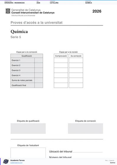 Vista previa de Examen PAU de Química de Cataluña 2026 – Ordinaria   Incidencias