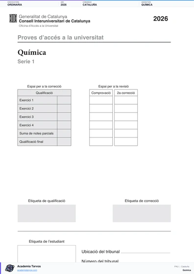 Vista previa de Examen PAU de Química de Cataluña 2026 – Ordinaria