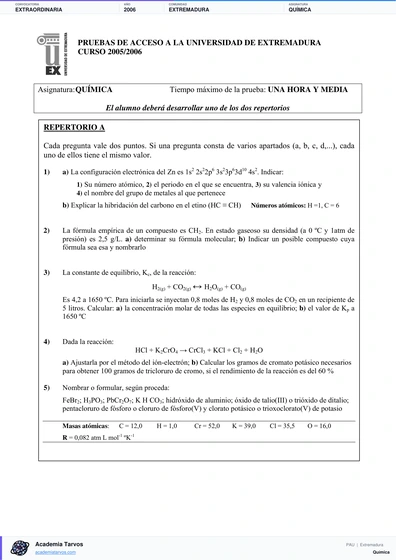 Vista previa de Examen PAU de Química de Extremadura 2006 – Extraordinaria