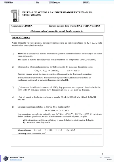 Vista previa de Examen PAU de Química de Extremadura 2006 – Ordinaria