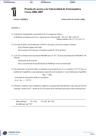 Vista previa de Examen PAU de Química de Extremadura 2007 – Extraordinaria