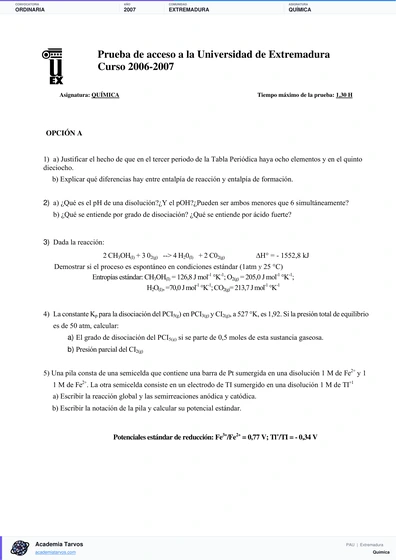 Vista previa de Examen PAU de Química de Extremadura 2007 – Ordinaria