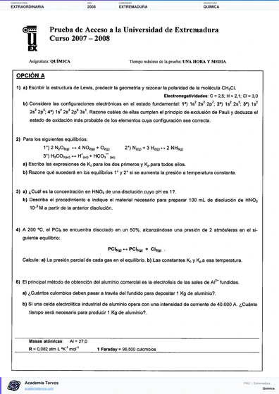 Vista previa de Examen PAU de Química de Extremadura 2008 – Extraordinaria
