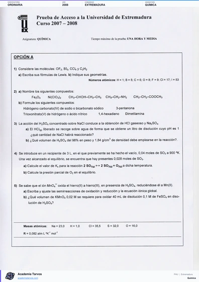 Vista previa de Examen PAU de Química de Extremadura 2008 – Ordinaria