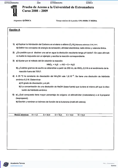 Vista previa de Examen PAU de Química de Extremadura 2009 – Extraordinaria