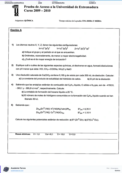 Vista previa de Examen PAU de Química de Extremadura 2009 – Ordinaria Específica