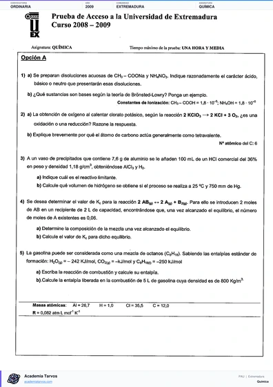 Vista previa de Examen PAU de Química de Extremadura 2009 – Ordinaria