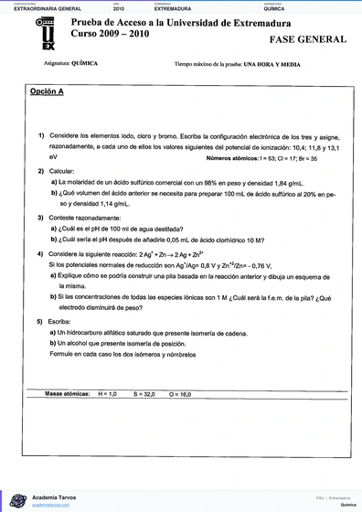 Vista previa de Examen PAU de Química de Extremadura 2010 – Extraordinaria General