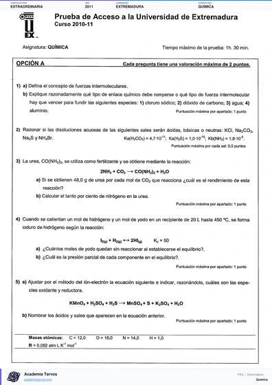 Vista previa de Examen PAU de Química de Extremadura 2011 – Extraordinaria