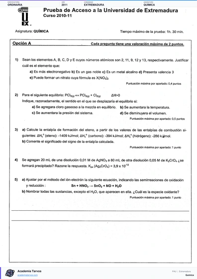Vista previa de Examen PAU de Química de Extremadura 2011 – Ordinaria