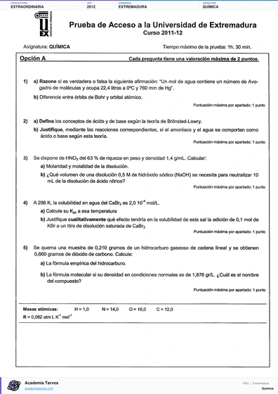 Vista previa de Examen PAU de Química de Extremadura 2012 – Extraordinaria
