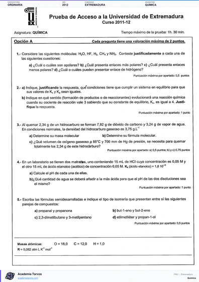 Vista previa de Examen PAU de Química de Extremadura 2012 – Ordinaria