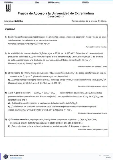 Vista previa de Examen PAU de Química de Extremadura 2013 – Ordinaria