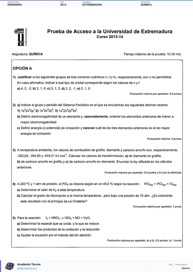 Vista previa de Examen PAU de Química de Extremadura 2014 – Ordinaria