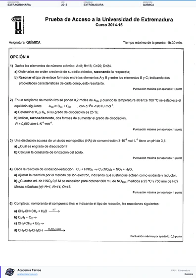Vista previa de Examen PAU de Química de Extremadura 2015 – Extraordinaria