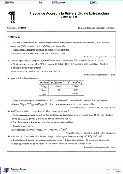 Vista previa de Examen PAU de Química de Extremadura 2015 – Ordinaria