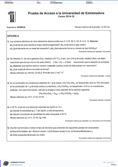 Vista previa de Examen PAU de Química de Extremadura 2016 – Ordinaria