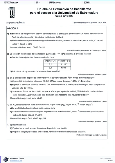 Vista previa de Examen PAU de Química de Extremadura 2017 – Extraordinaria