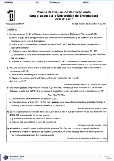 Vista previa de Examen PAU de Química de Extremadura 2017 – Ordinaria
