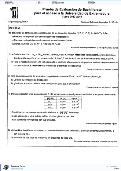 Vista previa de Examen PAU de Química de Extremadura 2018 – Ordinaria