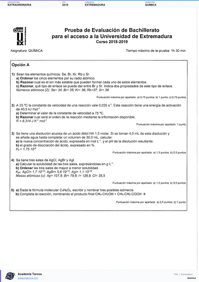 Vista previa de Examen PAU de Química de Extremadura 2019 – Extraordinaria