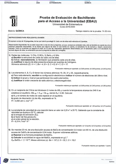 Vista previa de Examen PAU de Química de Extremadura 2020 – Extraordinaria
