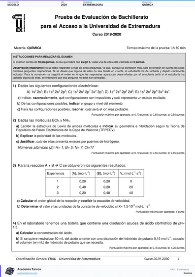 Vista previa de Modelo PAU de Química de Extremadura 2020