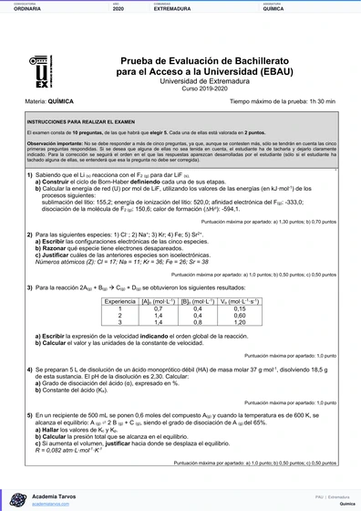 Vista previa de Examen PAU de Química de Extremadura 2020 – Ordinaria