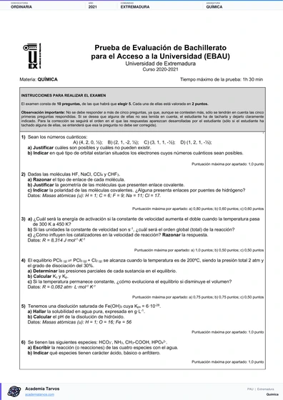 Vista previa de Examen PAU de Química de Extremadura 2021 – Ordinaria