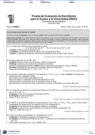 Vista previa de Examen PAU de Química de Extremadura 2022 – Extraordinaria