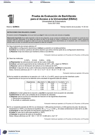 Vista previa de Examen PAU de Química de Extremadura 2022 – Ordinaria