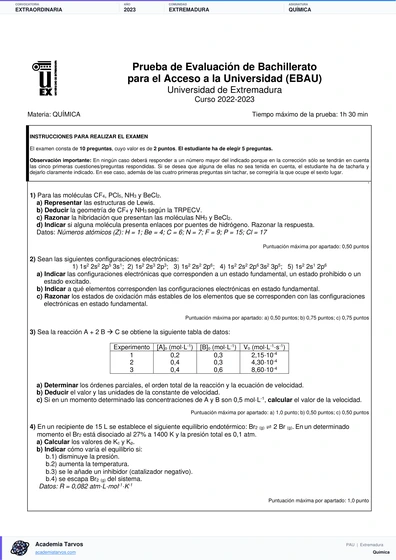 Vista previa de Examen PAU de Química de Extremadura 2023 – Extraordinaria