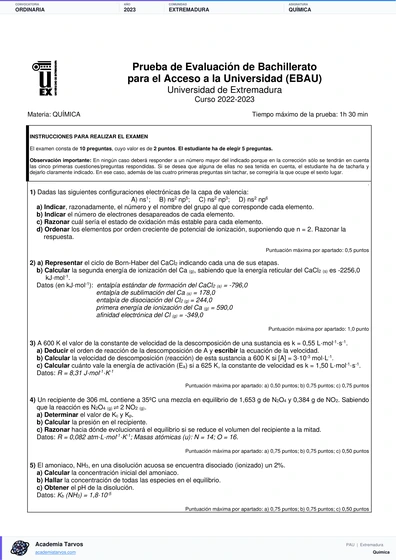 Vista previa de Examen PAU de Química de Extremadura 2023 – Ordinaria