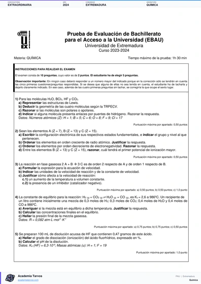 Vista previa de Examen PAU de Química de Extremadura 2024 – Extraordinaria